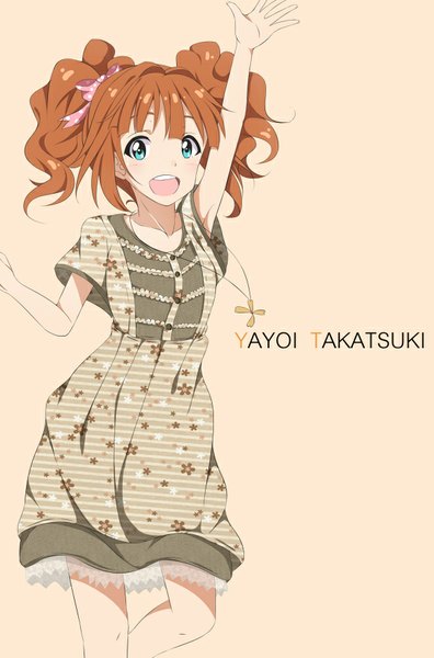 Anime picture 595x900 with idolmaster takatsuki yayoi hitotsuki nanoka single tall image looking at viewer fringe short hair open mouth blue eyes simple background brown hair twintails :d character names outstretched arm short twintails wavy hair pink background girl