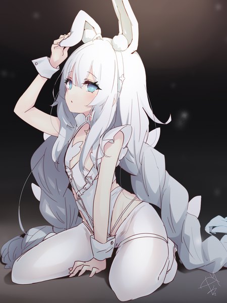 Anime picture 1000x1333 with azur lane le malin (azur lane) le malin (listless lapin) (azur lane) amagasa nadame single tall image fringe blue eyes light erotic hair between eyes sitting animal ears silver hair ahoge braid (braids) very long hair arm up bunny ears twin braids official alternate costume