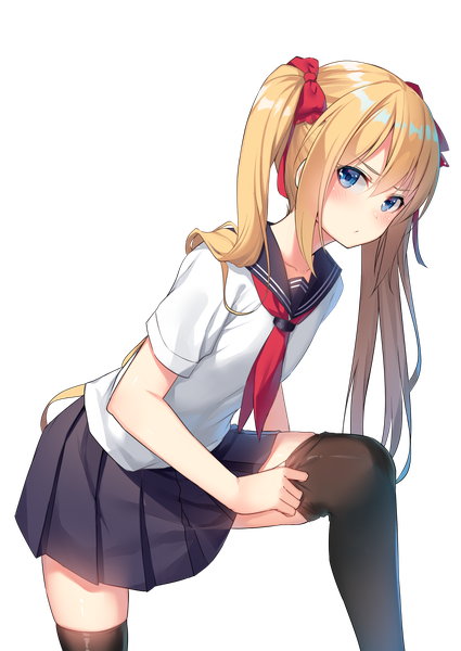 Anime picture 2149x3035 with original alexmaster single long hair tall image blush fringe highres blue eyes blonde hair hair between eyes standing twintails payot leaning zettai ryouiki leaning forward standing on one leg transparent background dressing