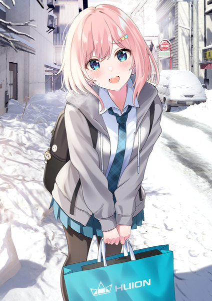 Anime-Bild 1768x2500 mit original huion shiokazunoko single tall image looking at viewer blush fringe highres short hair open mouth blue eyes smile standing holding pink hair outdoors long sleeves head tilt :d