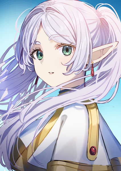 Anime picture 850x1200 with sousou no frieren frieren aroa (aroamoyasi) single long hair tall image looking at viewer simple background twintails green eyes silver hair upper body pointy ears blue background elf girl earrings