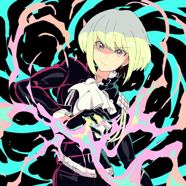 Anime picture 1100x1100 with promare studio trigger lio fotia segami single fringe short hair hair between eyes looking away upper body green hair boy gloves black gloves ascot