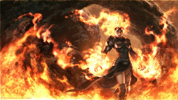 Anime picture 1592x900 with planeswalker chandra ablaze jason chan single long hair blonde hair red eyes wide image girl glasses fire flame armored dress