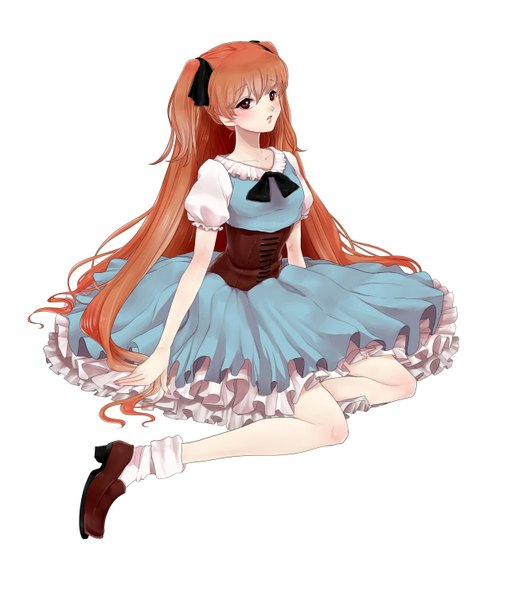 Anime picture 1273x1507 with original jonas long hair tall image looking at viewer blush simple background brown hair white background sitting brown eyes bent knee (knees) orange hair frilled dress girl dress socks boots frills white socks