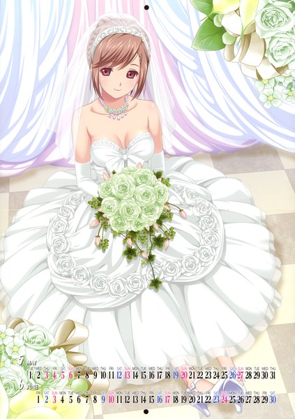 Anime picture 3508x4972 with koutaro single tall image highres short hair red eyes brown hair bare shoulders absurdres girl dress flower (flowers) necklace wedding dress calendar