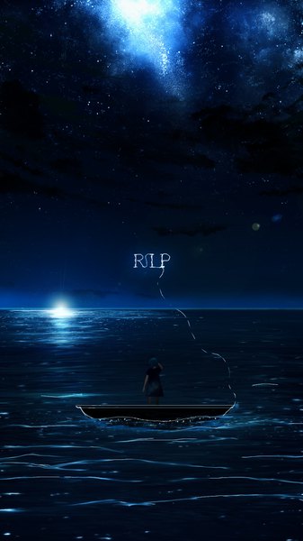 Anime picture 1080x1920 with original y y (ysk ygc) single tall image short hair standing blue hair wind from behind night night sky milky way girl dress water black dress moon star (stars) full moon watercraft