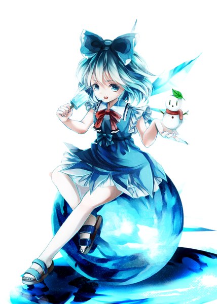 Anime picture 1000x1400 with touhou cirno awa toka single tall image looking at viewer short hair open mouth blue eyes simple background white background sitting blue hair girl dress bow hair bow wings food sweets