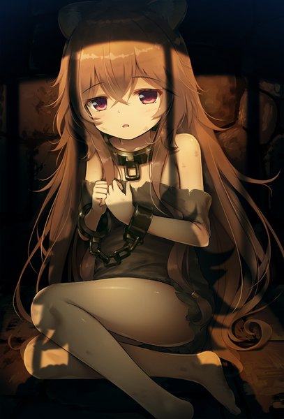 Anime picture 695x1023 with tate no yuusha no nariagari kinema citrus raphtalia psyche3313 single long hair tall image looking at viewer blush fringe open mouth light erotic hair between eyes brown hair sitting bare shoulders animal ears bent knee (knees) pink eyes barefoot