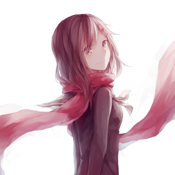 Anime picture 1024x1024 with kagerou project shaft (studio) tateyama ayano coaurora single looking at viewer blush fringe short hair simple background smile brown hair white background brown eyes upper body looking back wind hair over one eye girl scarf
