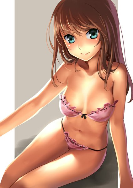 Anime picture 566x800 with original katahira masashi single long hair tall image looking at viewer blush breasts light erotic simple background brown hair sitting bare shoulders aqua eyes bare belly sleeveless underwear only girl navel underwear