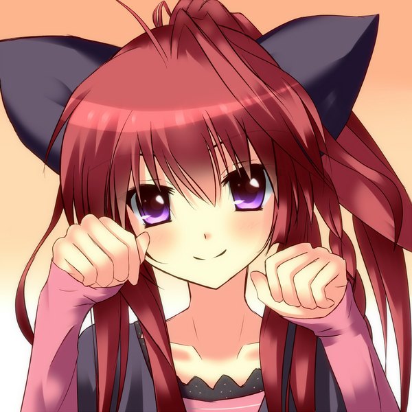 Anime picture 1000x1000 with tagme (copyright) hizumin single long hair looking at viewer blush purple eyes animal ears ponytail red hair cat ears paw pose girl