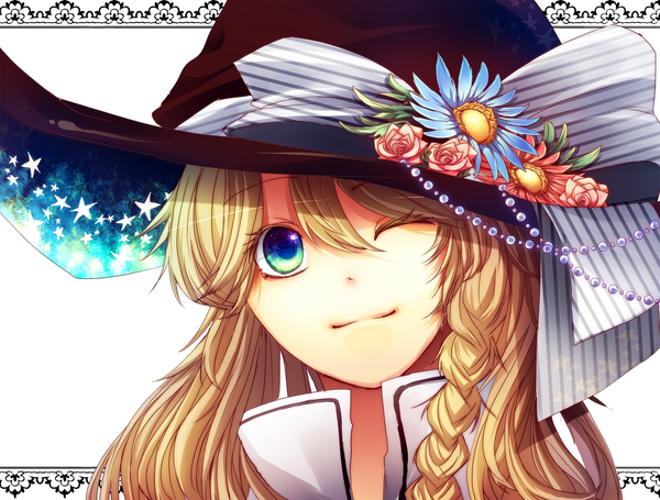 Anime picture 1400x1063 with touhou kirisame marisa lion nicole single long hair blonde hair green eyes braid (braids) one eye closed wink portrait face star print girl flower (flowers) hat choker star (symbol)