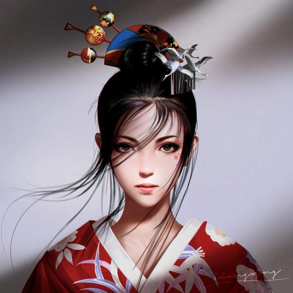 Anime picture 1000x1000 with original liang xing single looking at viewer fringe short hair black hair hair between eyes brown eyes signed payot upper body traditional clothes japanese clothes lips realistic hair bun (hair buns) floating hair facial mark floral print
