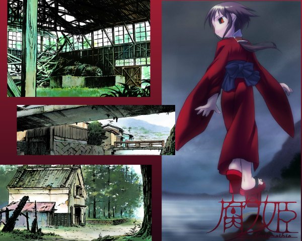 Anime picture 1200x960 with kusari hime: euthanasia liarsoft kurame long hair red eyes brown hair full body traditional clothes japanese clothes wide sleeves low ponytail multiview girl plant (plants) kimono building (buildings) obi grass geta tengu-geta