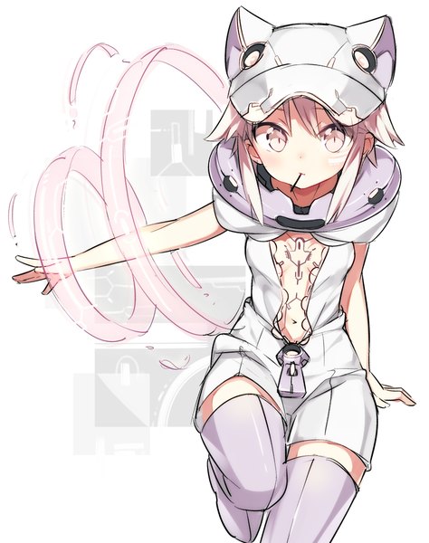 Anime picture 1787x2258 with original sama (artist) single tall image looking at viewer highres short hair light erotic simple background white background payot bent knee (knees) white hair pink eyes arm support open jacket bare belly tattoo zettai ryouiki outstretched arm