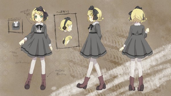 Anime picture 1280x720 with vocaloid kagamine rin kona (canaria) short hair blonde hair wide image green eyes braid (braids) eyes closed profile from behind twin braids hands behind back brown background multiple persona girl dress hair ornament bow hair bow