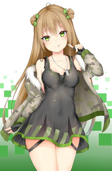 Anime picture 1150x1750 with girls frontline rfb (girls frontline) chixiao single long hair tall image blush fringe breasts smile hair between eyes brown hair standing white background green eyes cleavage ahoge open jacket hair bun (hair buns) fur trim