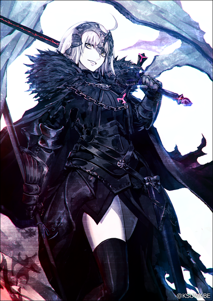 Anime picture 629x888 with fate (series) fate/grand order jeanne d'arc (fate) (all) jeanne d'arc alter (fate) kei-suwabe single tall image looking at viewer fringe short hair simple background standing holding signed yellow eyes silver hair ahoge parted lips fur trim weapon over shoulder