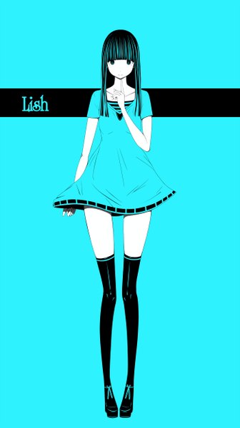 Anime picture 1400x2500 with original haru@ single long hair tall image looking at viewer blue eyes black hair simple background standing blue hair aqua eyes light smile aqua hair inscription monochrome blue background striped pale skin girl