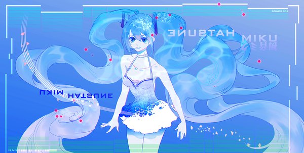 Anime picture 1500x759 with vocaloid hatsune miku miyama (c175311) single fringe blue eyes smile hair between eyes wide image twintails bare shoulders blue hair looking away very long hair character names floating hair girl dress