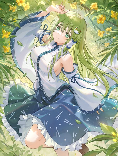 Anime picture 800x1056 with touhou kochiya sanae mutugi single long hair tall image looking at viewer fringe smile hair between eyes green eyes outdoors traditional clothes japanese clothes arm up green hair nontraditional miko girl skirt flower (flowers)