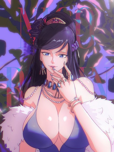 Anime picture 3072x4096 with one piece toei animation nico robin opalisart single long hair tall image looking at viewer fringe highres breasts open mouth blue eyes light erotic black hair absurdres cleavage upper body ponytail nail polish