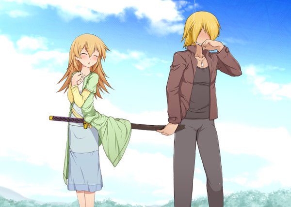Anime picture 1260x900 with working!! a-1 pictures todoroki yachiyo satou jun long hair blush fringe short hair open mouth blonde hair sky cloud (clouds) eyes closed hair over one eye couple smoke girl boy weapon sword