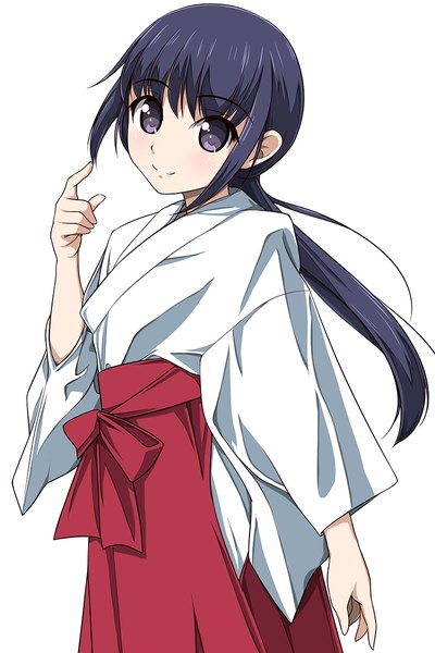 Anime picture 800x1200 with original matsunaga kouyou single long hair tall image blush black hair simple background smile white background traditional clothes japanese clothes grey eyes miko girl