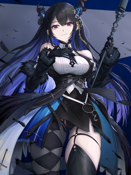 Anime picture 1875x2500 with virtual youtuber hololive hololive english nerissa ravencroft nerissa ravencroft (1st costume) qiaogun damodao single long hair tall image looking at viewer fringe highres breasts light erotic black hair smile hair between eyes large breasts bare shoulders long sleeves