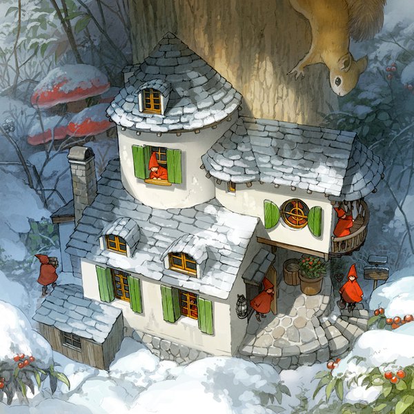 Аниме картинка 1200x1200 с оригинальное изображение yoshida seiji несколько мальчиков снег 6+ мальчиков 7 мальчиков мини-мужчина платье мужчина животное окно здание (здания) красное платье дом крыша гриб (грибы) белка ночной колпак