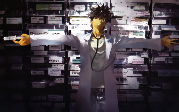 Anime picture 4046x2547 with shiki single highres short hair brown hair absurdres spread arms boy labcoat syringe stethoscope