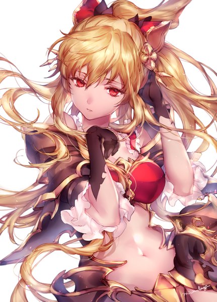 Anime picture 1487x2067 with granblue fantasy vira lilie michudx (michudayo) single long hair tall image looking at viewer fringe breasts light erotic simple background blonde hair hair between eyes red eyes large breasts standing white background signed payot cleavage
