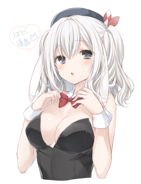 Anime picture 868x1134 with kantai collection kashima training cruiser komeshiro kasu single long hair tall image blush fringe breasts open mouth light erotic simple background hair between eyes large breasts white background twintails animal ears cleavage white hair inscription