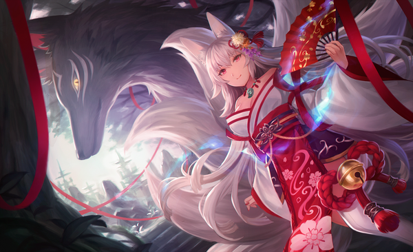 Anime picture 1399x854 with original mutugi lazuri7 single long hair looking at viewer fringe breasts smile hair between eyes red eyes wide image large breasts standing bare shoulders holding animal ears payot cleavage white hair