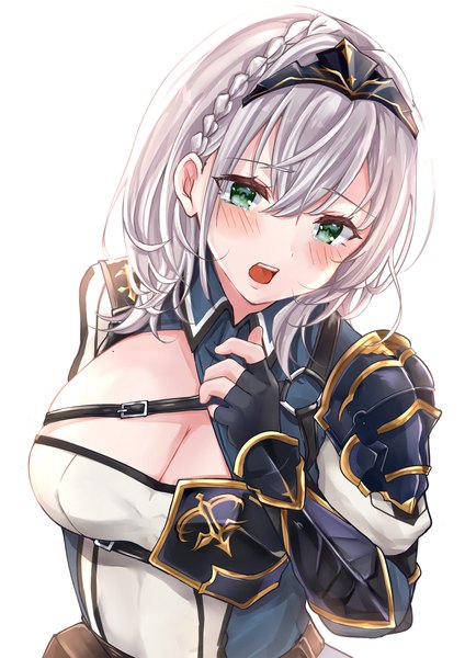 Anime-Bild 1446x2046 mit virtual youtuber hololive shirogane noel shirogane noel (1st costume) roriwanko single tall image blush fringe short hair breasts open mouth light erotic simple background hair between eyes large breasts white background looking away cleavage silver hair