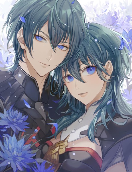 Anime picture 1000x1294 with fire emblem fire emblem: three houses nintendo byleth (fire emblem) byleth (female) (fire emblem) byleth (male) (fire emblem) matsurika youko long hair tall image looking at viewer fringe short hair blue eyes black hair hair between eyes girl boy flower (flowers) petals