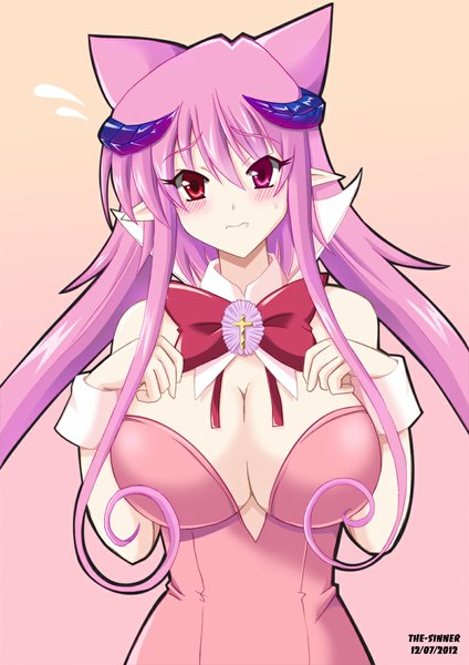 Anime picture 800x1132 with the-sinner single long hair tall image looking at viewer blush breasts light erotic simple background red eyes large breasts pink hair horn (horns) pointy ears girl dress