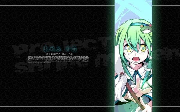 Anime picture 1920x1200 with touhou kochiya sanae single long hair looking at viewer highres open mouth wide image yellow eyes green hair :o wallpaper character names text english serious >:o girl gohei