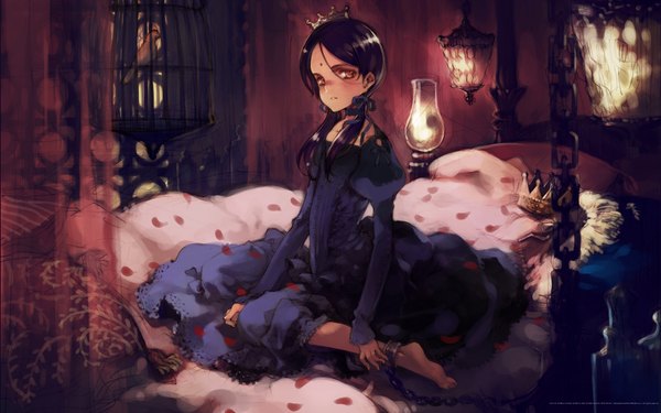 Anime picture 1920x1200 with shoujo mahou gaku little witch romanesque littlewitch kaya xavier oyari ashito single long hair highres black hair red eyes wide image twintails low twintails forehead mark girl dress animal bird (birds) crown blue dress lamp