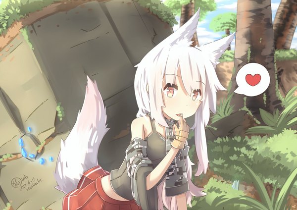 Anime picture 3508x2480 with original hinbackc single long hair highres red eyes signed absurdres sky cloud (clouds) outdoors white hair tail animal tail pleated skirt leaning leaning forward dated fox tail fox girl