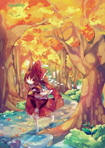 Anime picture 1295x1812 with touhou hakurei reimu ana (rznuscrf) single tall image smile brown hair brown eyes wet miko river nature girl bow plant (plants) hair bow detached sleeves tree (trees) water leaf (leaves)