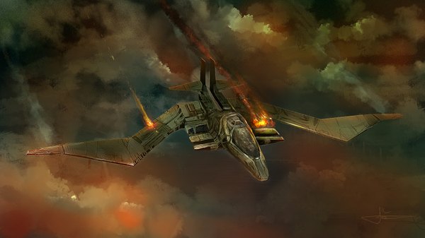Anime picture 1600x900 with erenarik (artist) wide image sky falling crash fire aircraft airplane