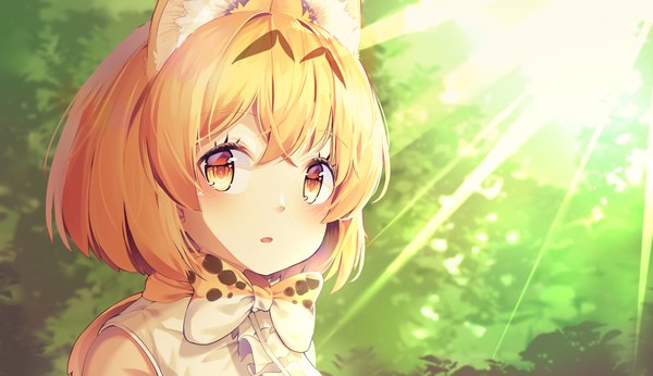 Anime picture 3800x2193 with kemono friends serval (kemono friends) animal ears (artist) single looking at viewer blush fringe highres short hair open mouth blonde hair wide image animal ears yellow eyes absurdres outdoors sunlight close-up sunbeam girl