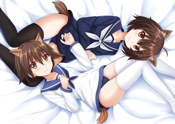 Anime picture 1697x1200 with strike witches brave witches miyafuji yoshika karibuchi hikari kazenokaze looking at viewer blush fringe short hair light erotic hair between eyes brown hair multiple girls brown eyes animal ears full body ahoge bent knee (knees) tail lying