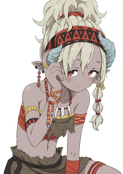 Anime picture 1280x1807 with original yamamoto souichirou single long hair tall image looking at viewer blush fringe simple background blonde hair smile hair between eyes red eyes white background sitting ponytail braid (braids) horn (horns) pointy ears fang (fangs)