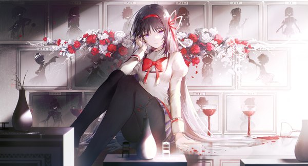 Anime picture 3345x1805 with mahou shoujo madoka magica shaft (studio) akemi homura bai qi-qsr single looking at viewer fringe highres black hair hair between eyes wide image sitting purple eyes payot bent knee (knees) long sleeves very long hair sunlight arm support puffy sleeves