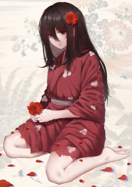 Anime picture 4133x5846 with dororo (tezuka) mio (dororo) mfork single long hair tall image fringe highres black hair hair between eyes sitting holding absurdres full body bent knee (knees) traditional clothes parted lips japanese clothes barefoot hair flower