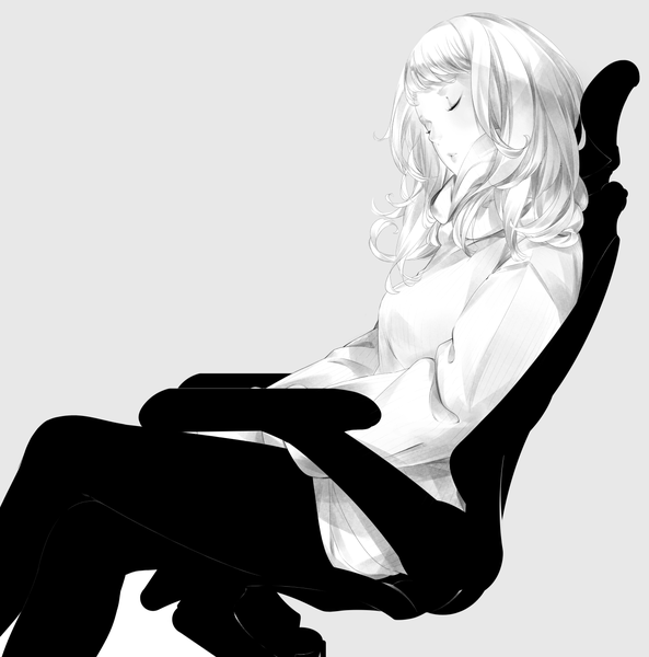 Anime picture 1300x1317 with original sousou (sousouworks) single long hair tall image sitting white hair eyes closed grey background monochrome girl shirt
