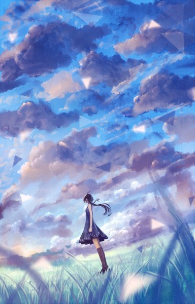 Anime picture 768x1200 with original bounin single long hair tall image fringe black hair standing cloud (clouds) looking back glow field girl dress plant (plants) shoes grass sundress knee socks