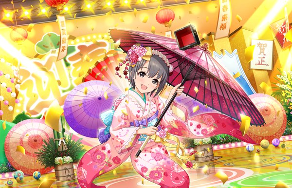 Anime picture 1280x824 with idolmaster idolmaster cinderella girls otokura yuuki single blush short hair open mouth traditional clothes head tilt japanese clothes hair flower grey hair grey eyes skilled hanagasa performer girl flower (flowers) kimono umbrella obi ball